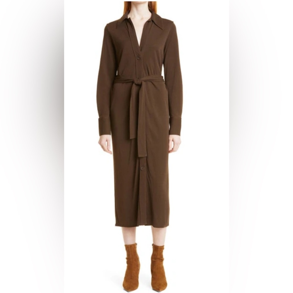 LN Vince Midi Brown Shirtdress Long Sleeve Brown Button Italian Viscose S Small - Picture 3 of 12
